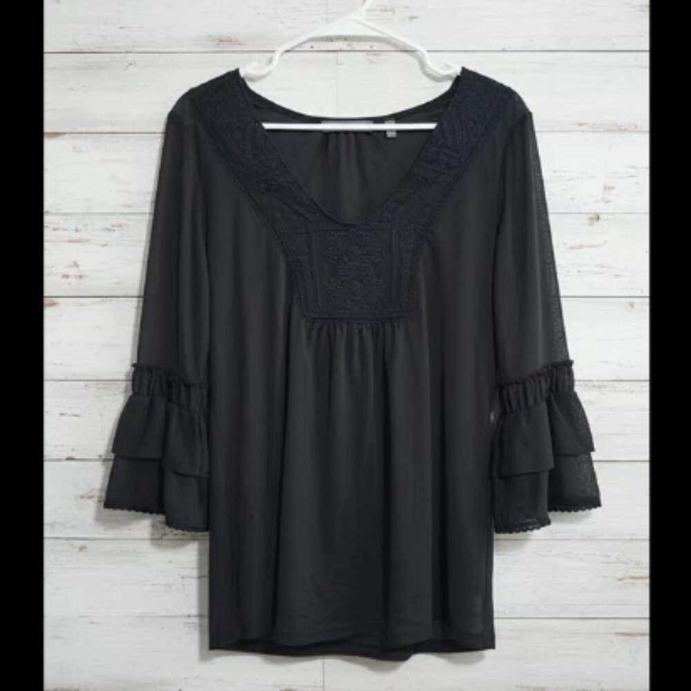 89th & Madison M Black Sheer Lace Yoke Ruffled Sleeve Blouse